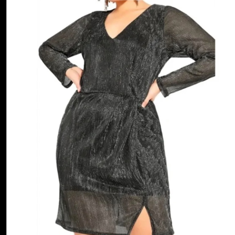 City Chic Shimmering Black Long Sleeve Dress S/16